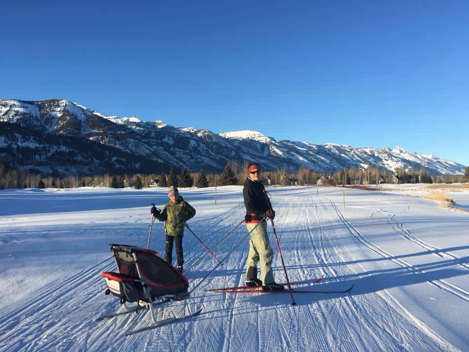 Getting outside skiing with the babies and toddler in our Thule Chariot! The ski attachment for the THule chariot rocks!