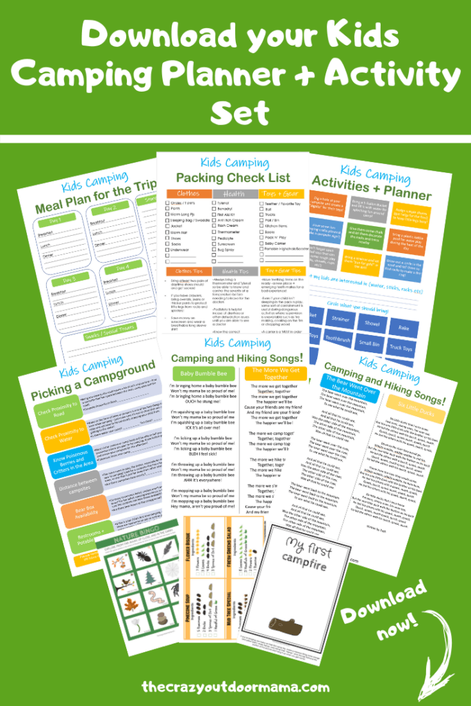 Learn what to bring for camping with baby with these free printable checklists! A packing, meal plan, activity and campground checklist are included plus 3 fun activiteis and 4 camp songs for kids!