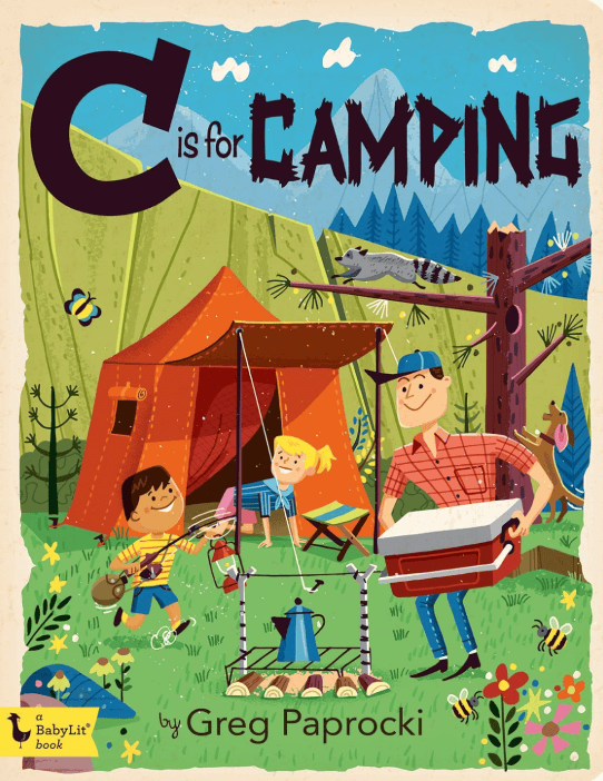 C is for Camping alphabet board book cover with retro illustration style