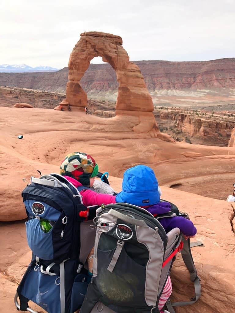 Babies hiking to delicate arch in arches national park