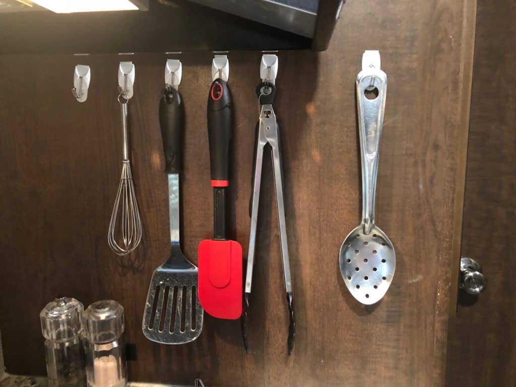 3m hooks to organize rv kitchen utensils