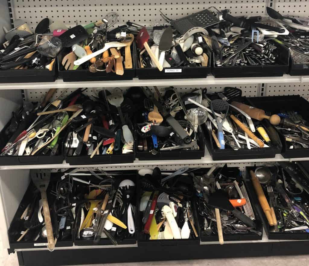 kitchen utensils in thrift store for a camper
