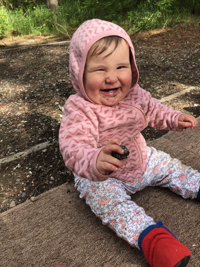 The great thing about baby camping toys is they are often already in nature like this pinecone!