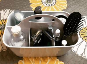 bathroom organization tips for camper with a caddy