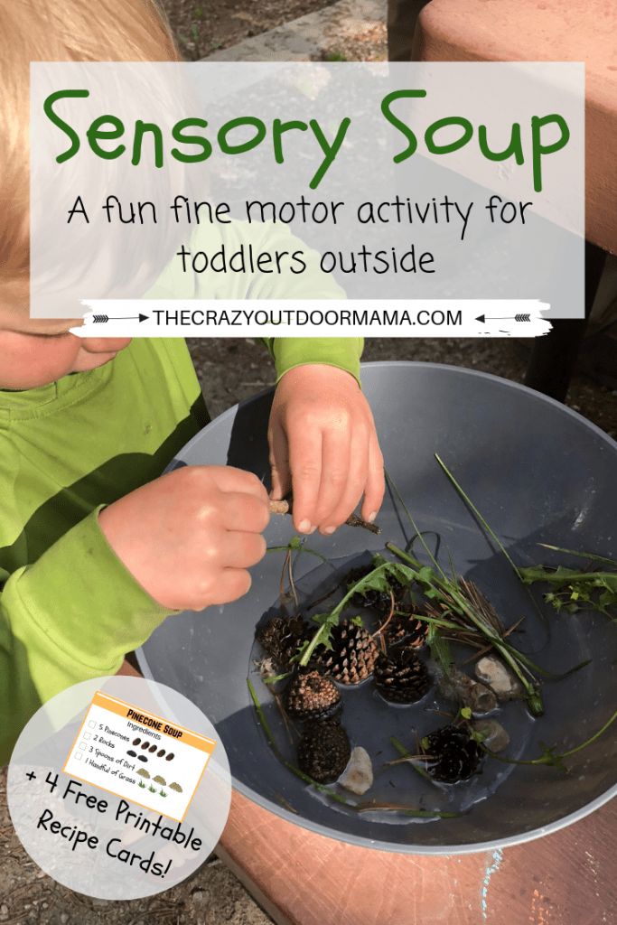If you're looking for a fun sensory activity for your toddler or preschooler, check out this sensory soup activity! This simple outdoor activity for kids is perfect for doing at camp. You can even gather your nature ingredients outdoors, and do this fun sensory play idea indoors! The free printable recipe cards will help with creativity, and your kids will love it!
