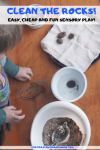 A fun and easy sensory bin using natural items thats fun for kids of all ages, especially preschoolers and older toddlers! This uses rocks, sand, as well as fine motor skills to retrieve and clean the rocks!