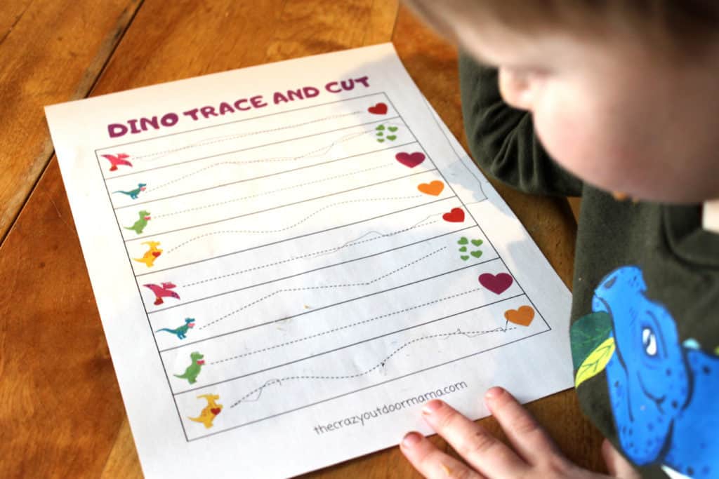 cutting and tracing practice free worksheets dino themed for preschoolers