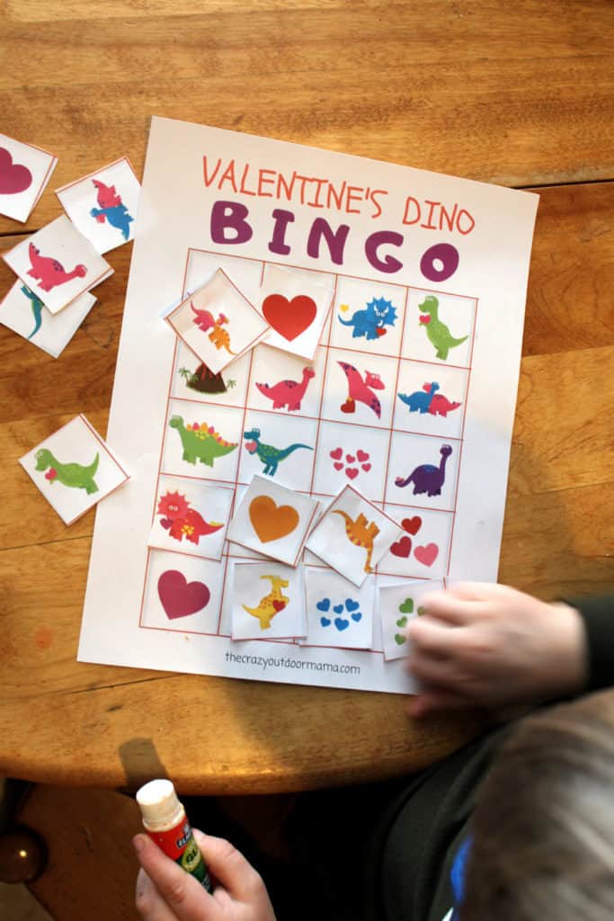 dinosaur themed valentine bingo card for kids