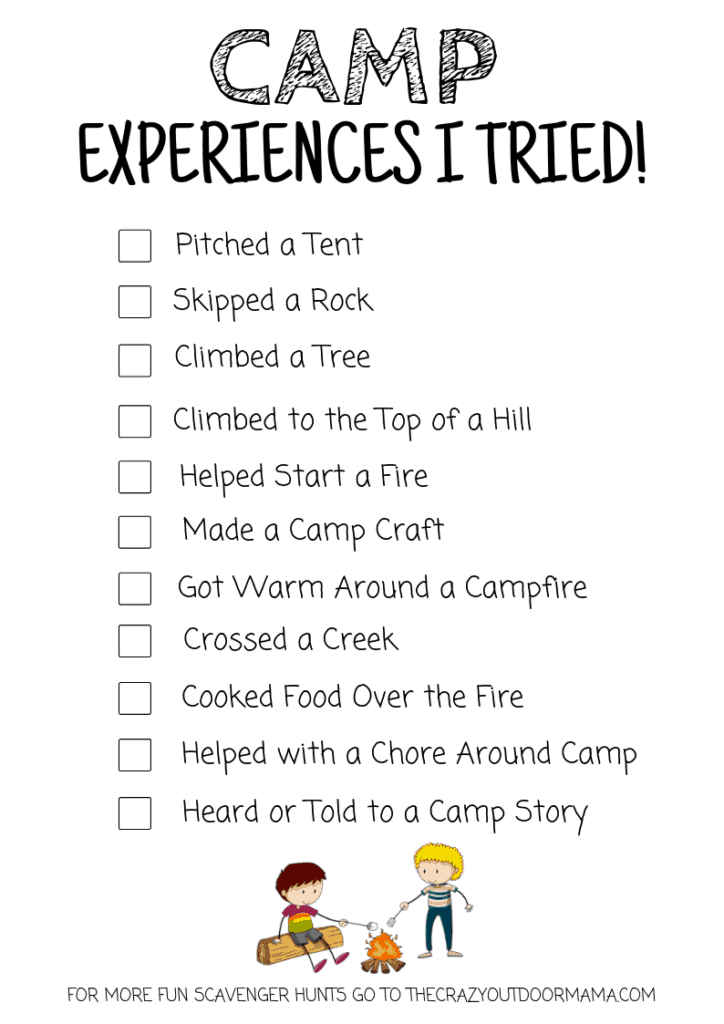 printable camping scavenger hunt idea using experiences