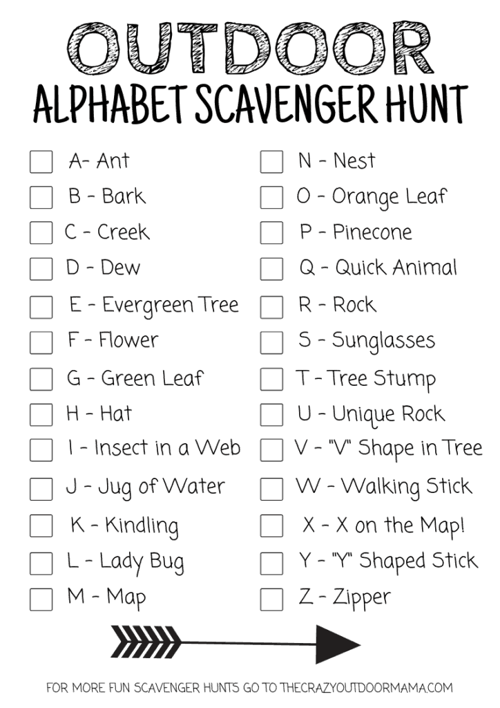 fun printable scavenger hunt idee met alfabet voor wandelen of kamperen