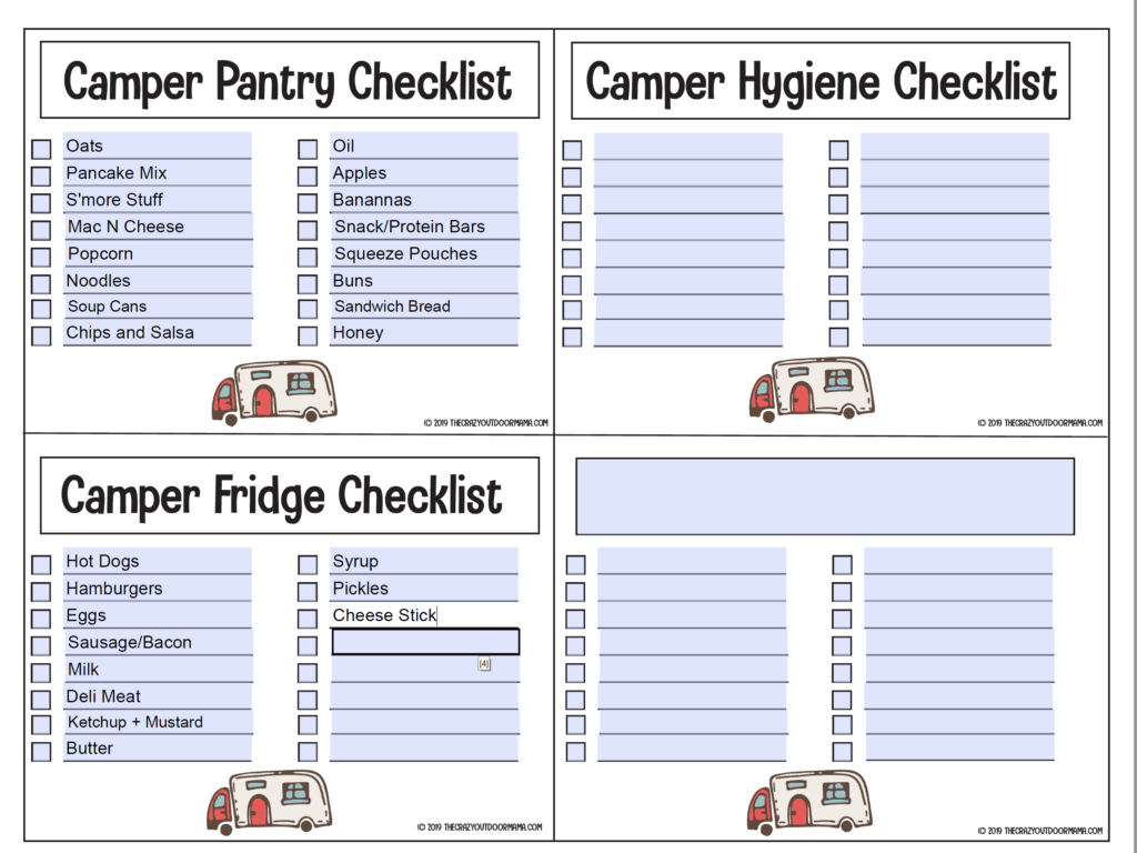 editable checklist for camping food and toiletries