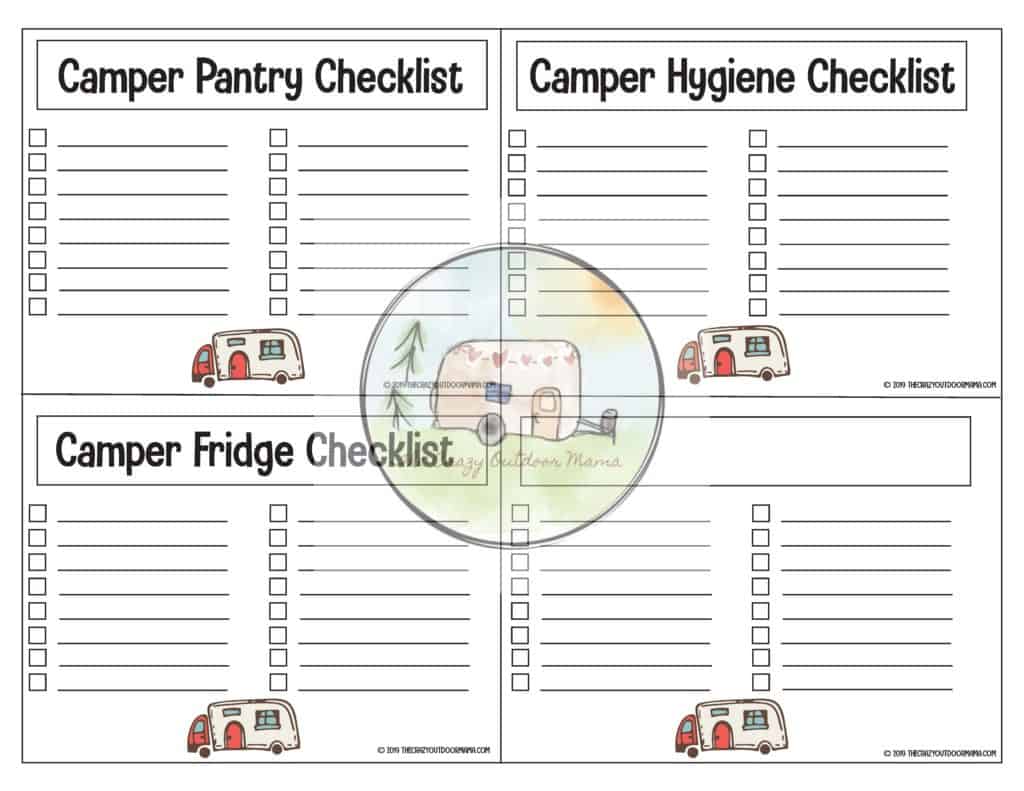 Write in blank template printable for camping food, fridge, toiletries