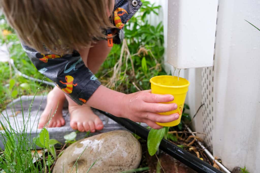 collect rain water with various containers for outdoor rain activity