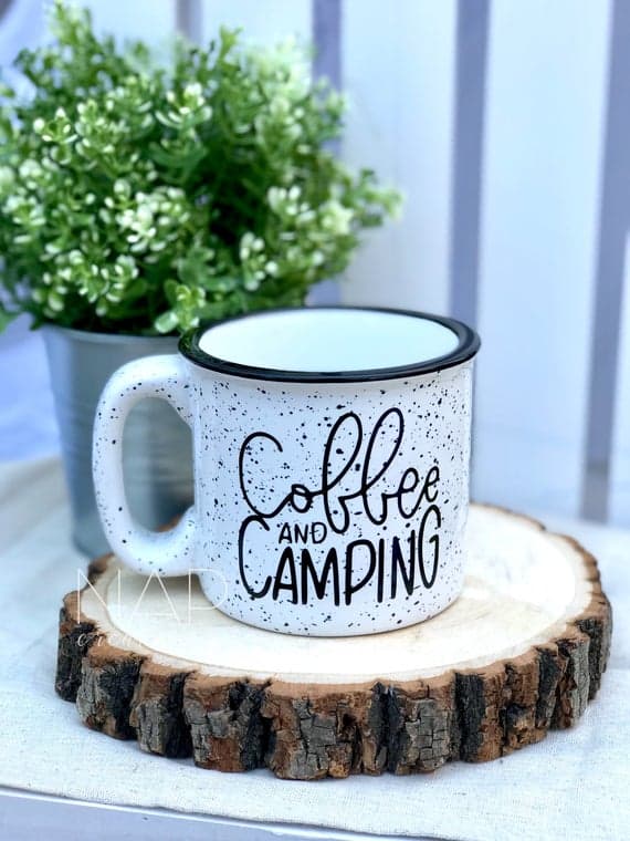 Farm House camping mugs - Happy Camper - Explore More - Wanderlust -  ceramic coffee mug with coaster / lid - gift idea