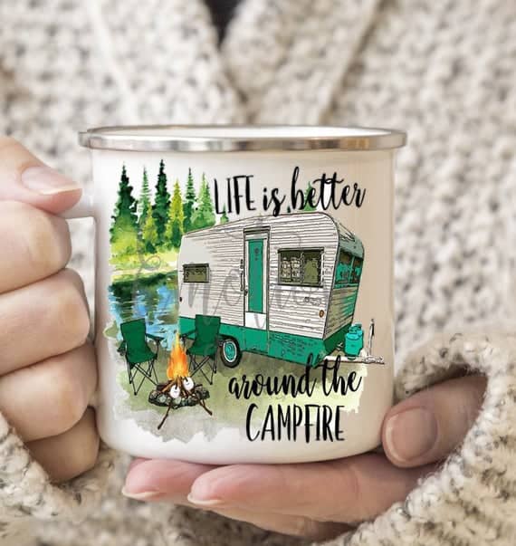 Enamel Camping Mug. Campers Life Quote Cup 12 oz. Happy Camper Coffee Mug  Gift.