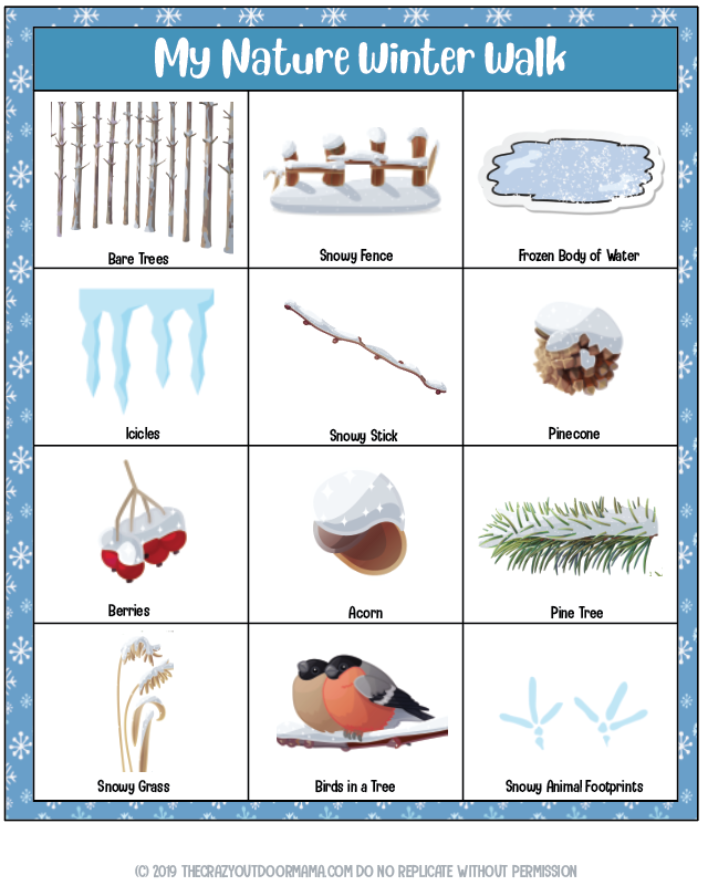 winter nature hike kids printable scavenger hunt