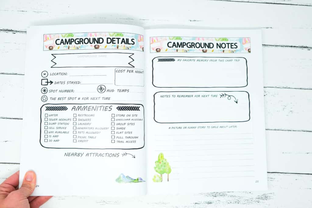 camping log with details and picture spots