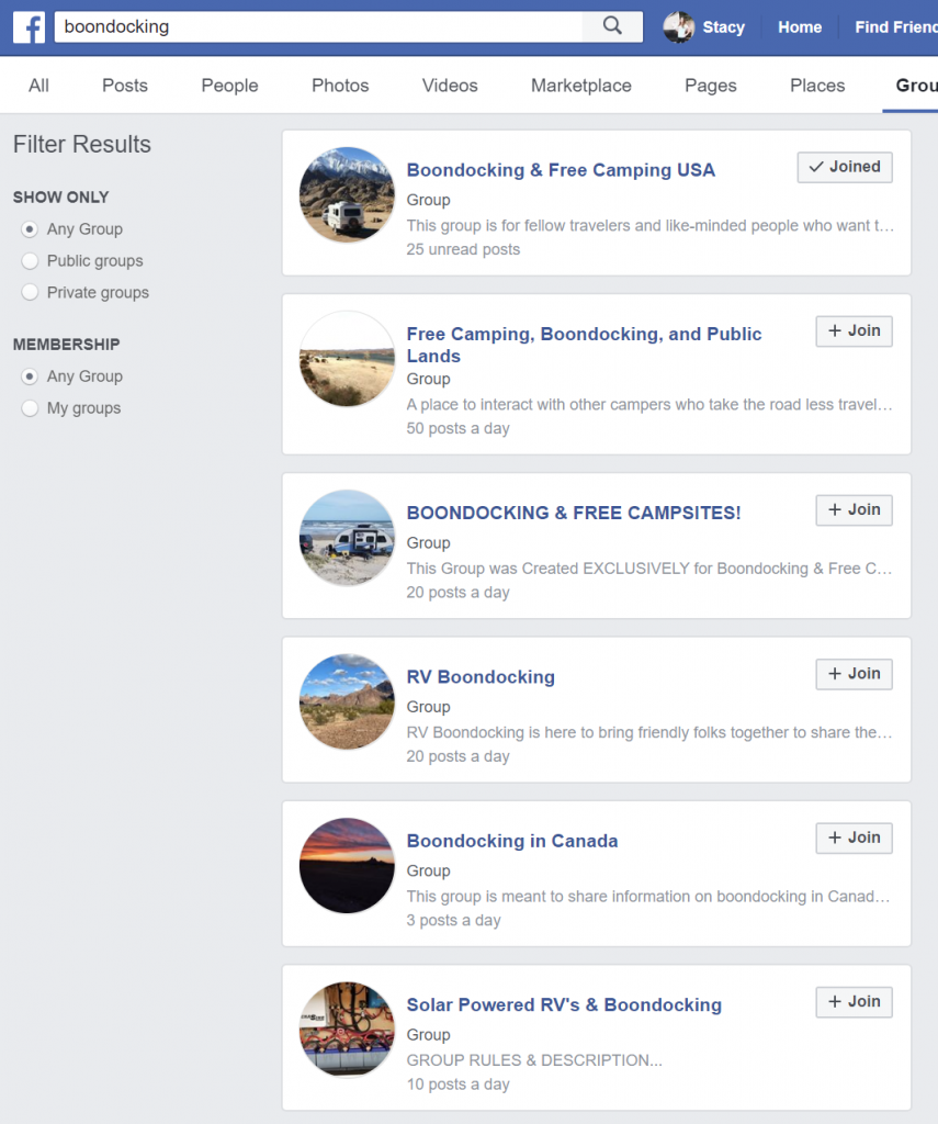 boondocking support groups