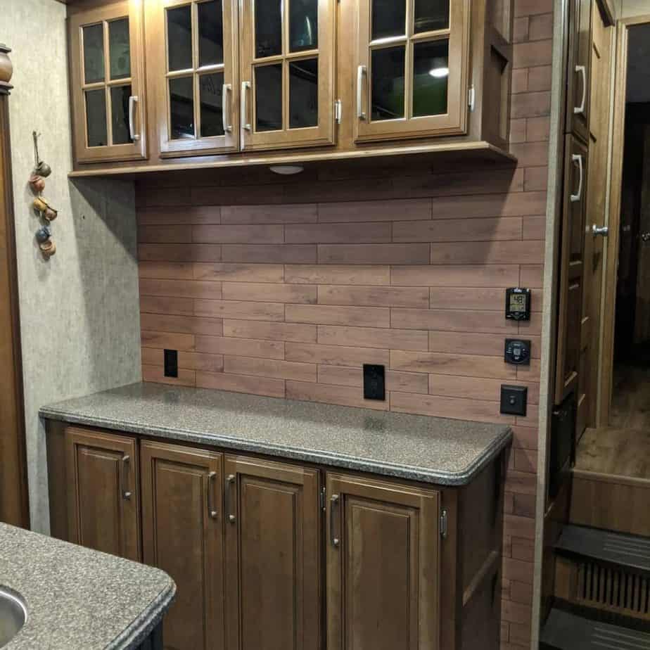 wood backsplash in rv kitchen