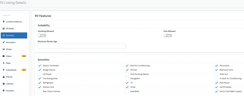 how to change amenities in rvshare