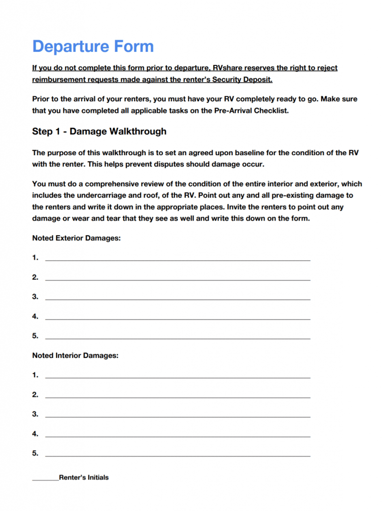 damages departure form for rv rental