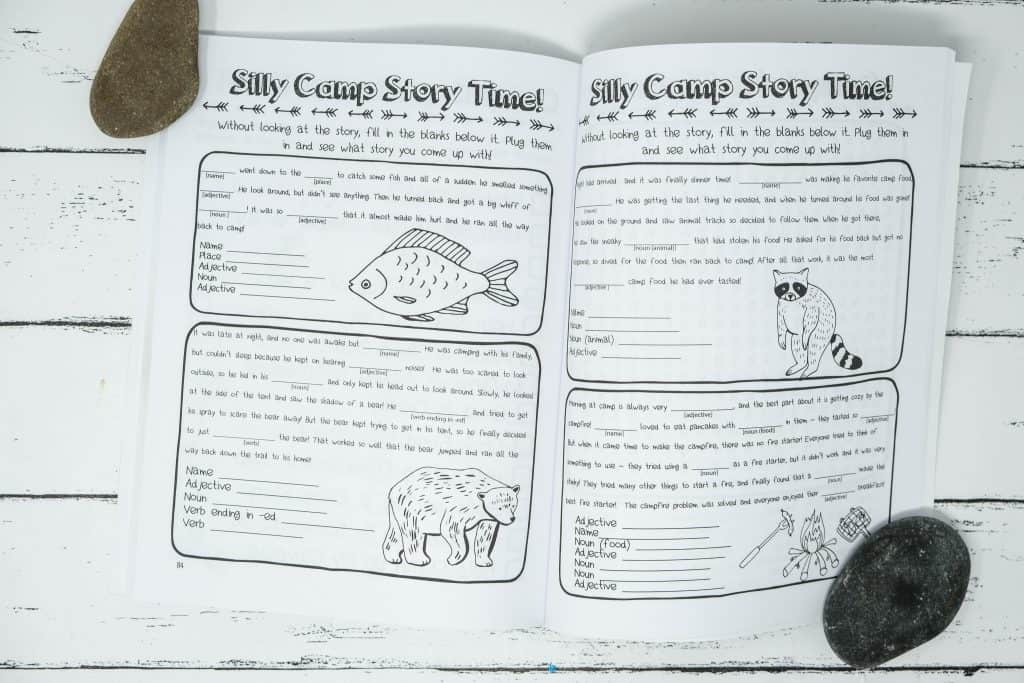 camping mad lib activity page in journal book