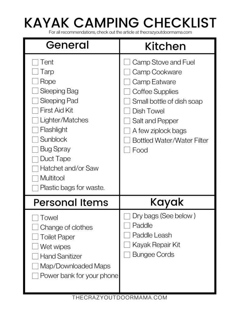 kayak camping checklist free printable