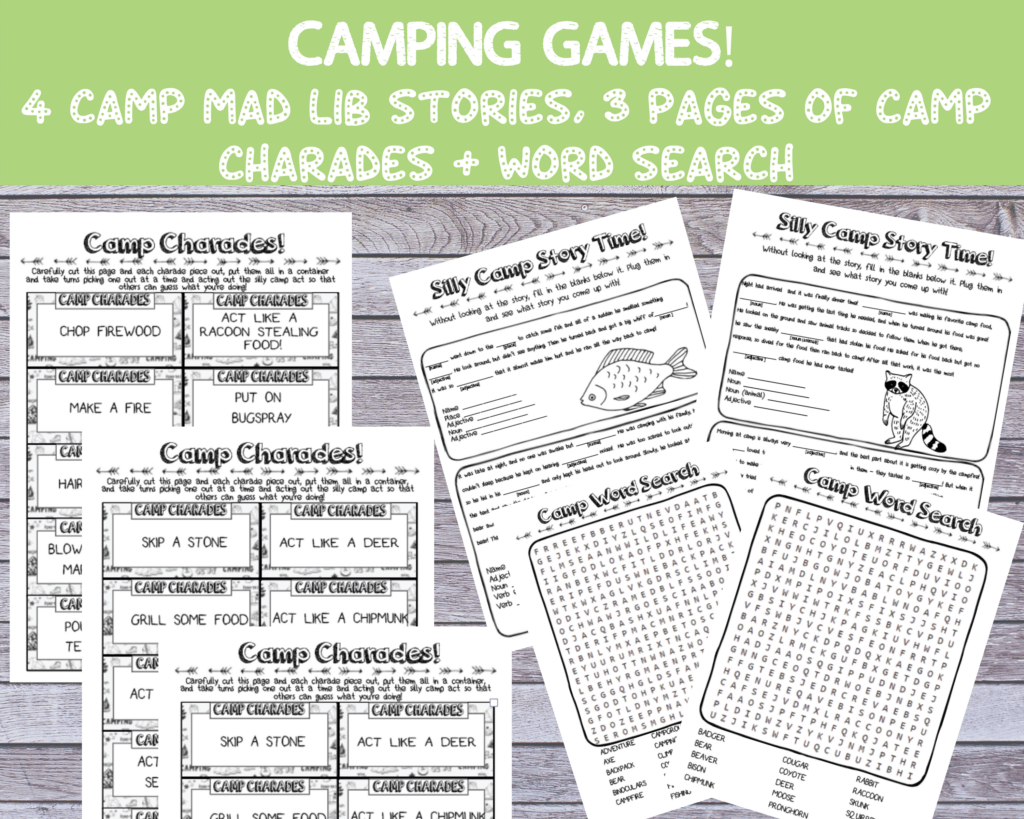 printable camping activities for kids charades word search mad libs with camp theme