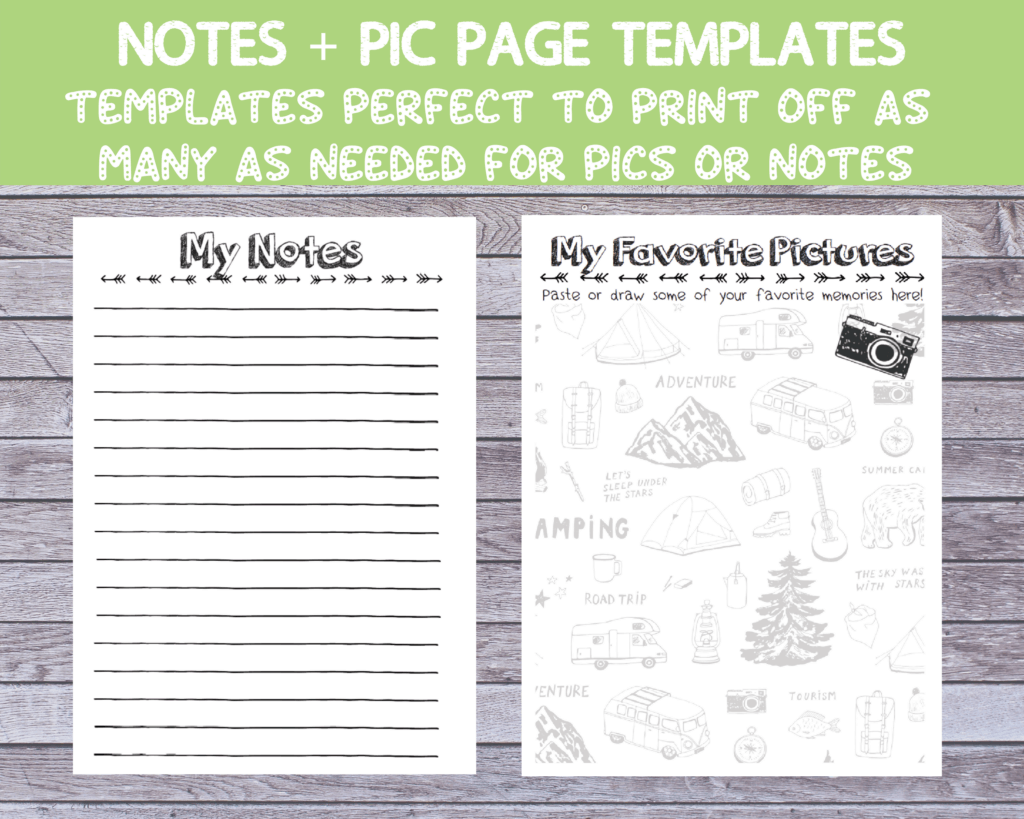 notes and picture for camp trip for kids
