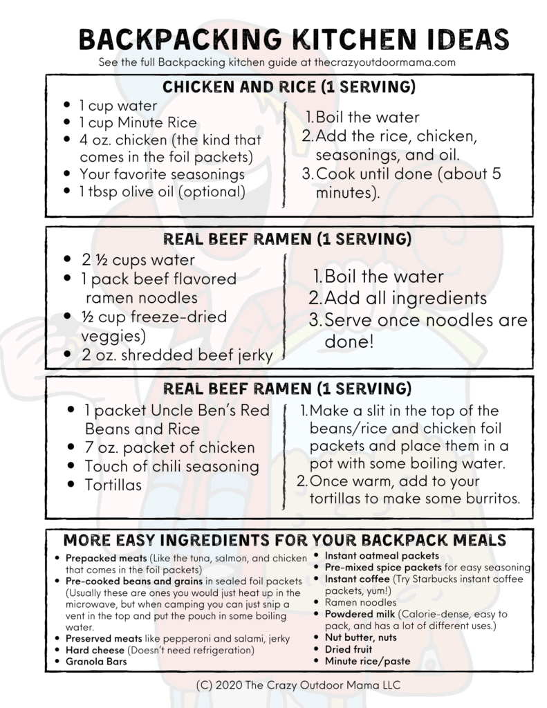 backpacking meals idea and free printable recipe checklist