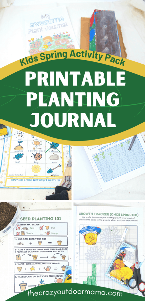 PRINTABLE GARDENING JOURNAL for kids with growth tracker, water tracker and garden themed scavenger hunt
