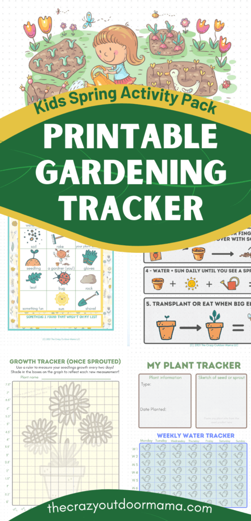 PRINTABLE GARDENING JOURNAL for kids with growth tracker, water tracker and garden themed scavenger hunt