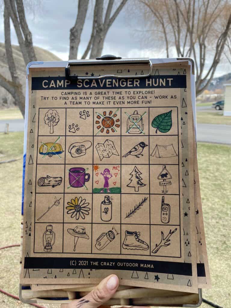 free printable camping scavenger hunt for young kids