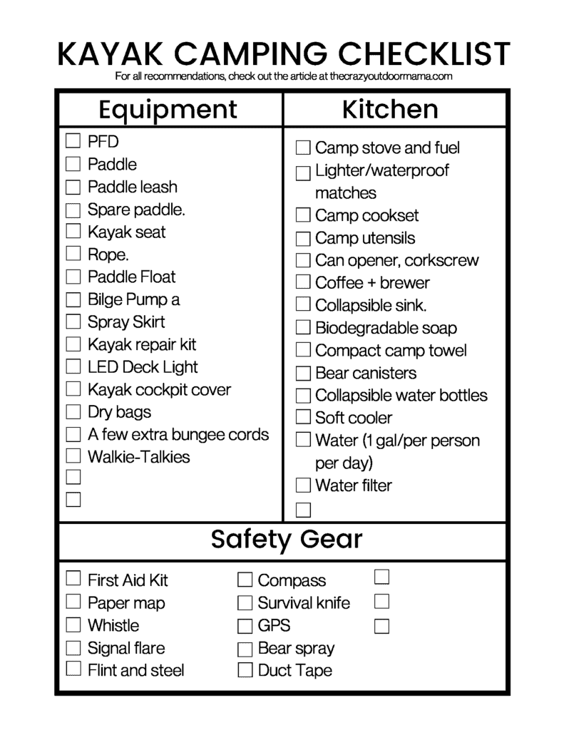 printable checklist with things needed to go on kayak camp trip