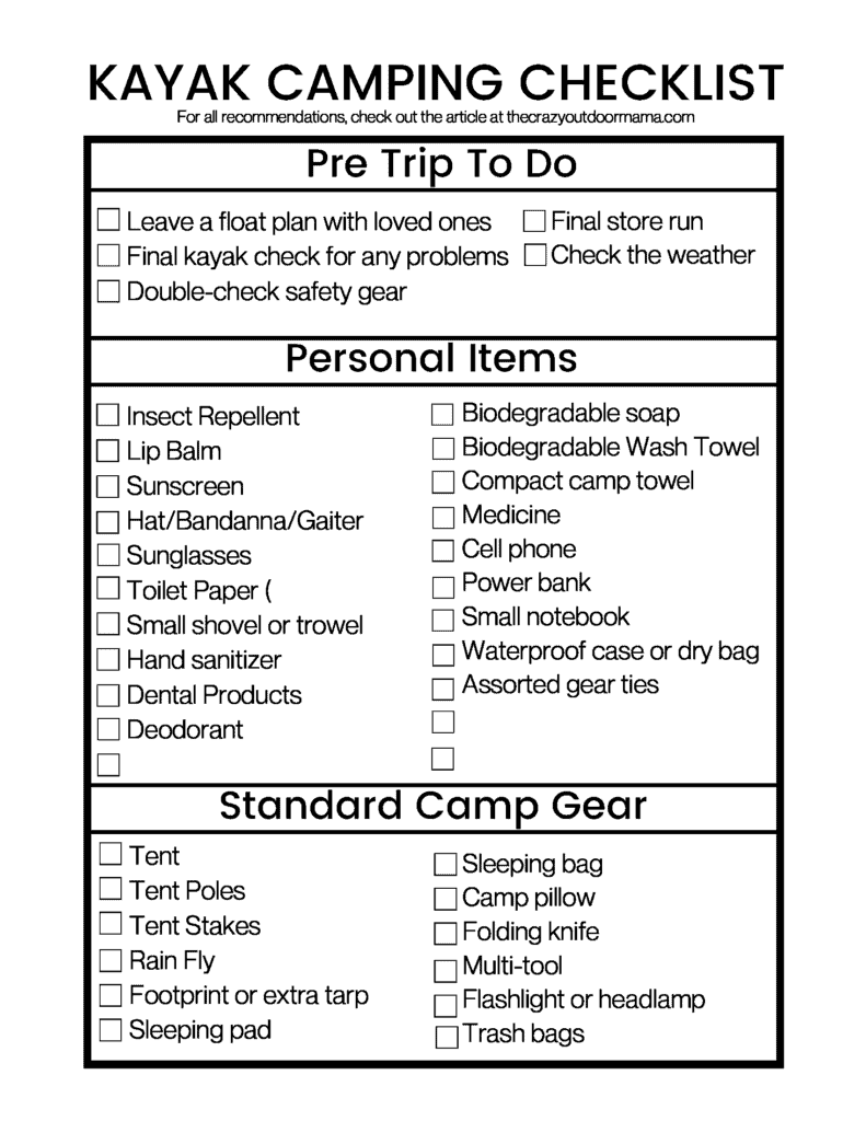 Ultimate Kayak Camping Checklist + FREE Downloadable Gear Lists – The Crazy  Outdoor Mama
