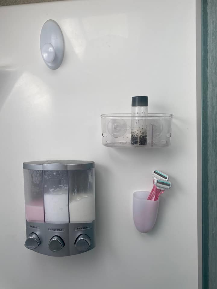 triple soap dispenser to keep things clean in rv bathroom