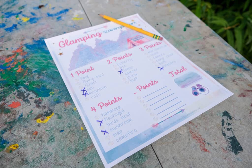 glamping themed camping scavenger hunt for girls