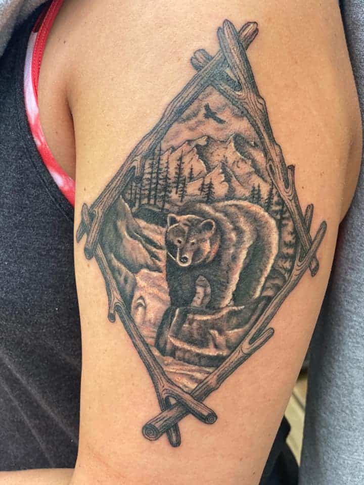 realistic black and white grizzly bear tattoo with wood frame