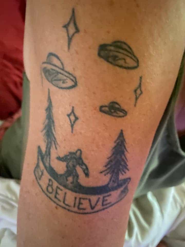 bigfoot trees and ufos black and white believe tattoo