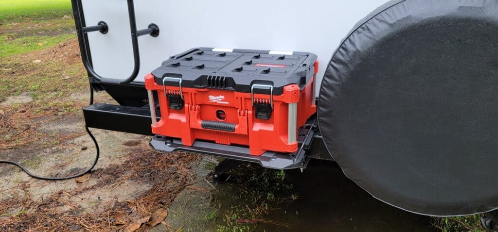 mounted storage box to hold all black water needs for camper