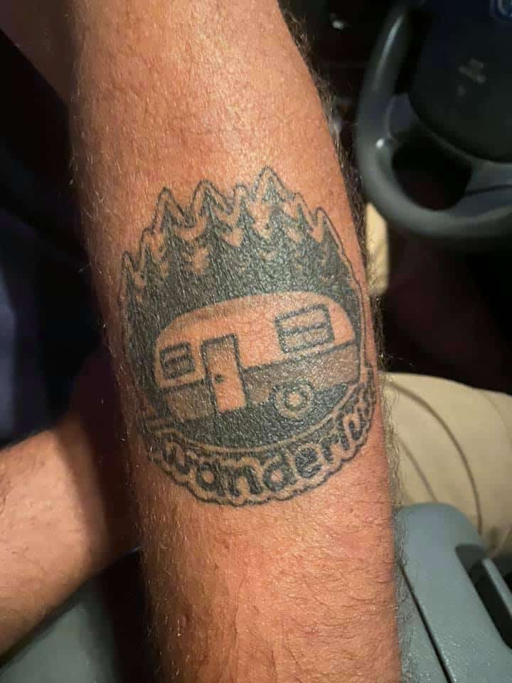 black and white camper tattoo wanderlust