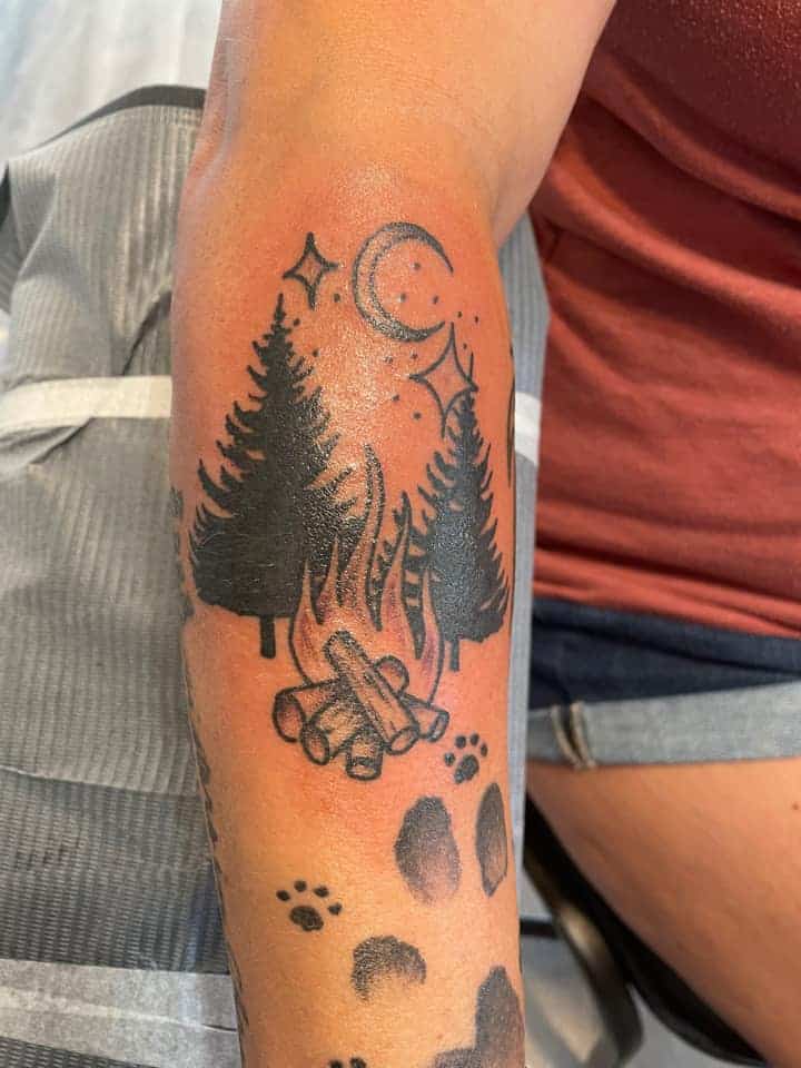moon pine and campfire tatoo