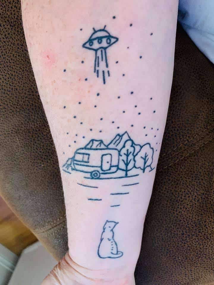 simple cat ufo and camper black and white tattoo