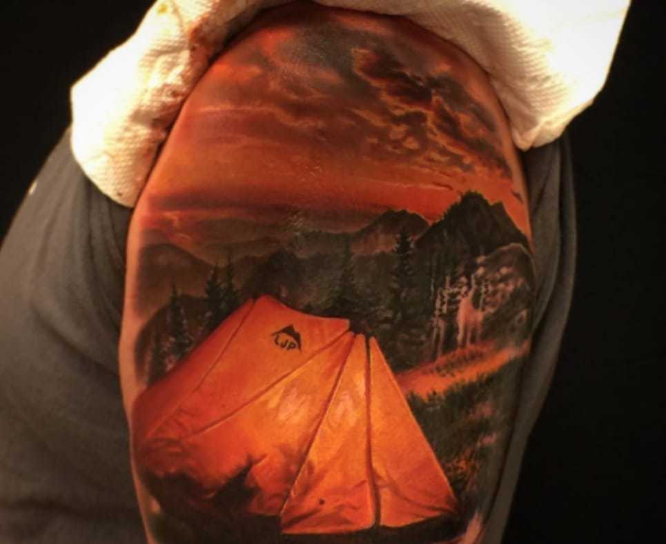 color tent tattoo shoulder