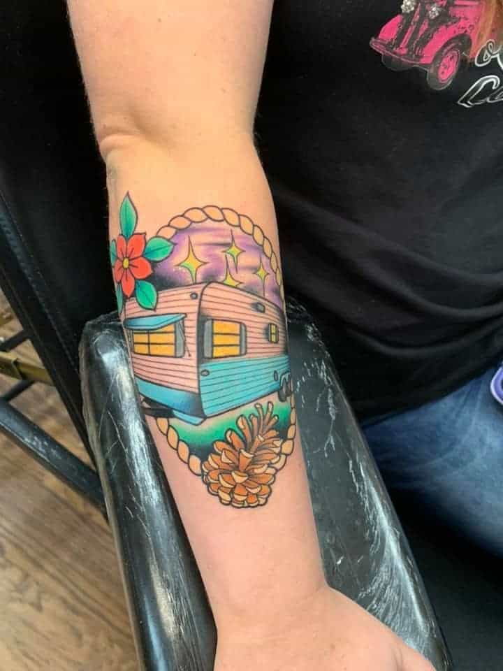 color vintage camper tattoo forearm