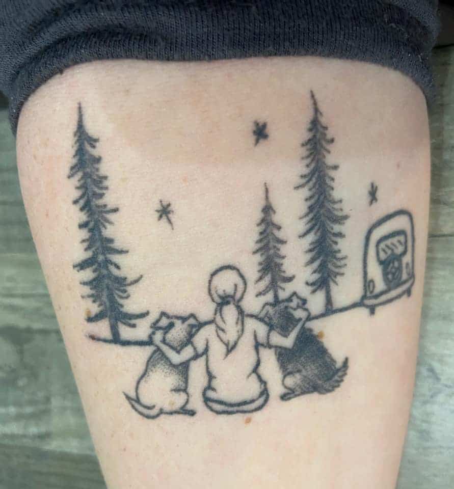 dogs and camper simple black and white tattoo