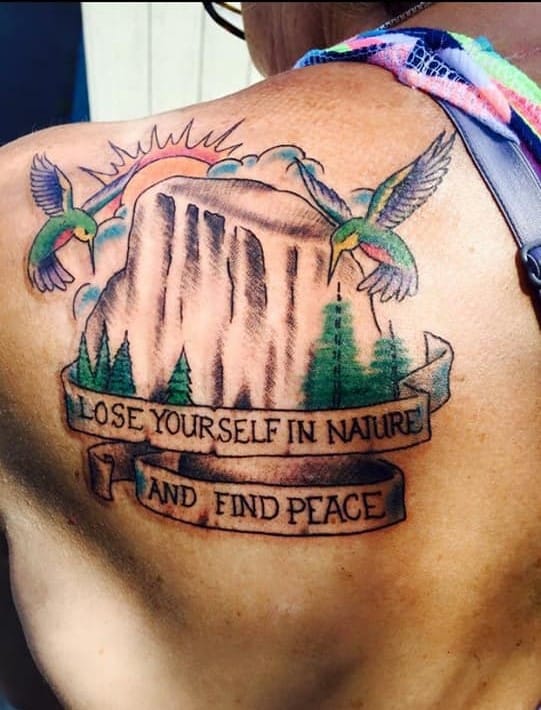 lose yourself in nature and find peace womens shoulder nature tattoo