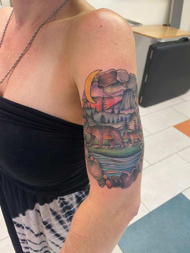 mama and baby bear color tattoo on arm with rock border