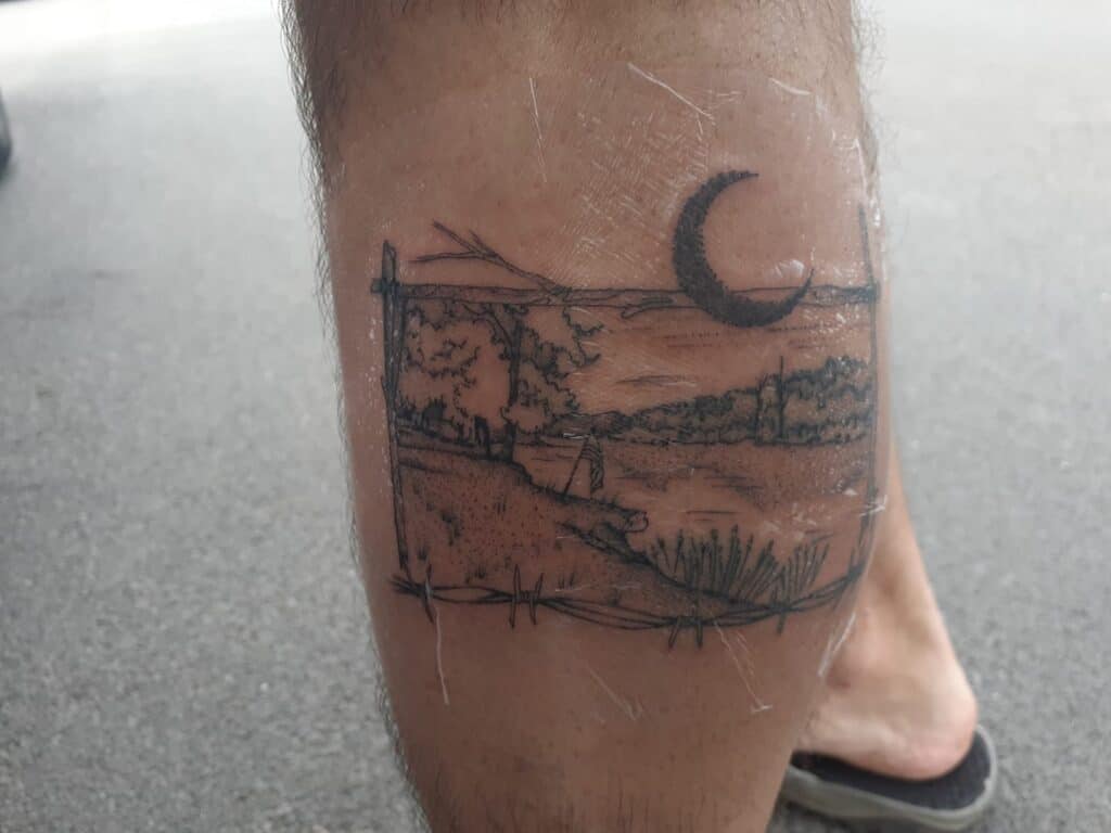 landscape tattoo  with frame of favorite camping spot 