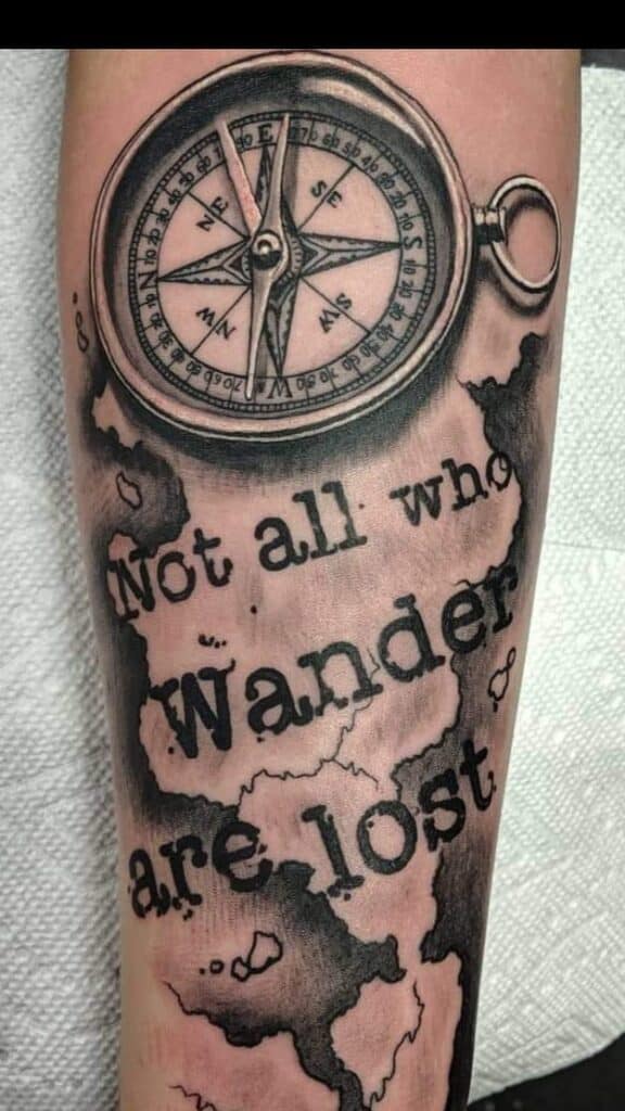 not all who wander are lost black and white compass tattoo